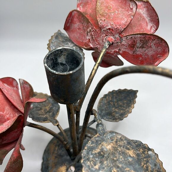 Metal Candle Holder Aged Welded Rustic Patina Pink Metallic Gold Roses w/ Leaves - Picture 7 of 17